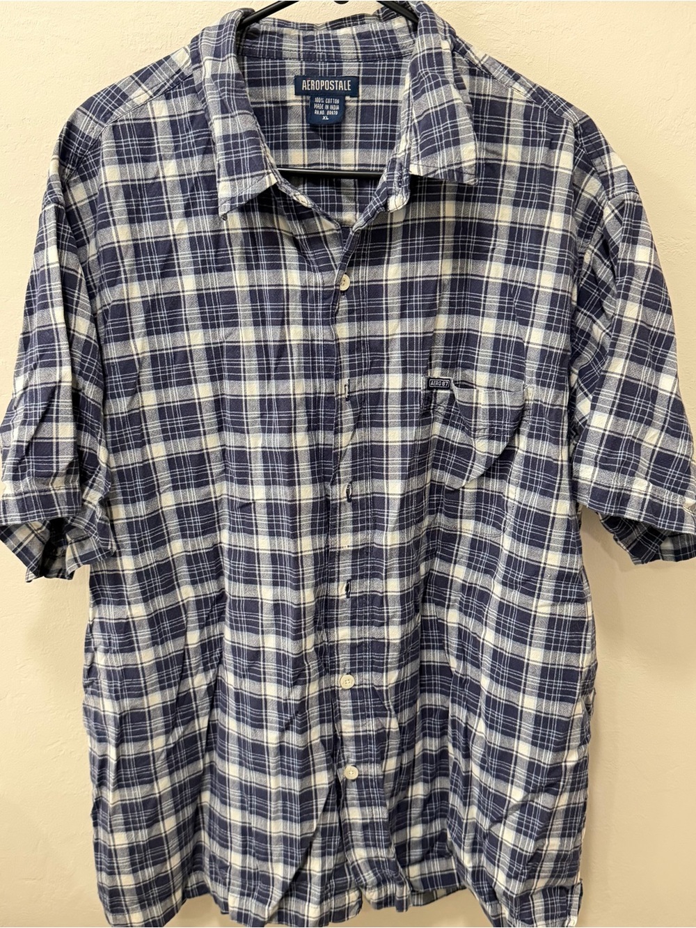 Aeropostale Blue Plaid Short Sleeve Button-Front Shirt Pocket